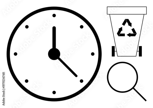 Time management, recycling, sustainability, eco-awareness, waste reduction, environmental analysis. Black and white icon set a clock, recycling bin with symbol and magnifying glass. Time management