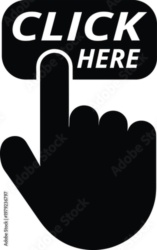 Click Here Icon with Hand Cursor Silhouette Black Button Call to Action Symbol Web UI Touchscreen Vector
