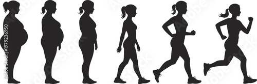 Female weight loss transformation silhouette from overweight to fit running woman, fitness journey concept, body change and healthy lifestyle progression isolated on white background