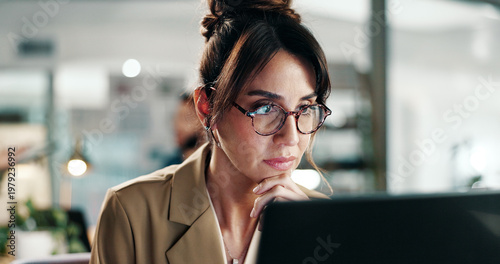Photos Laptop, glasses and research with business woman in office for planning, email marketing and journalist