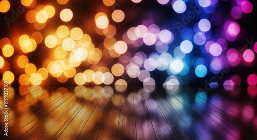 Colorful bokeh lights in purple, pink, yellow, and blue against dark background
