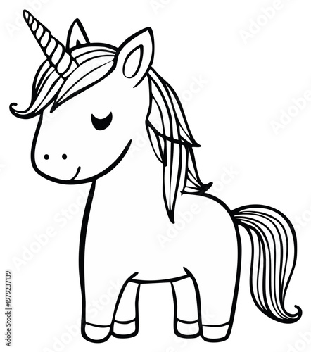 Line Art Cute Unicorn with Swirling Mane and Horn for Children's Illustrations
