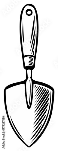 Black and white illustration of a garden trowel with a wooden handle for planting
