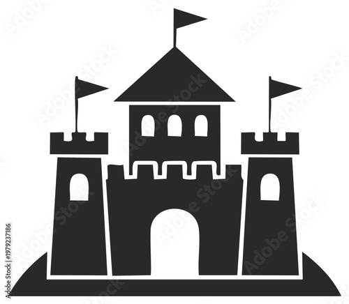 Black silhouette icon of a fairytale castle with turrets flags and arched entrance