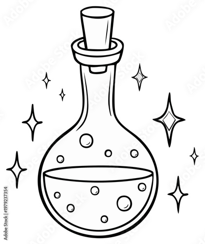 Illustration of a cartoon magic potion bottle with bubbly liquid and sparkles