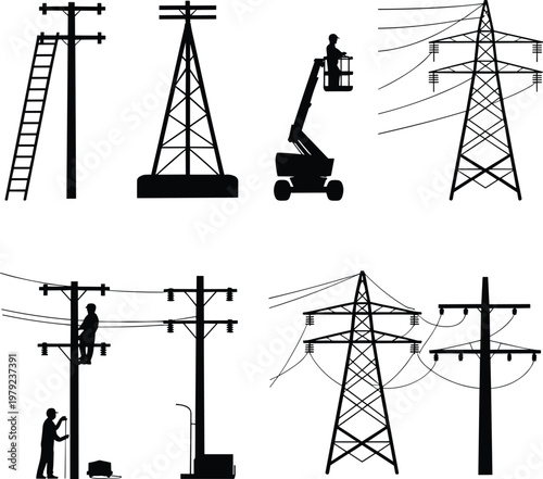 Set of electricity transmission towers and utility pole silhouettes with workers, power line maintenance and energy infrastructure concept, industrial equipment collection isolated on white background