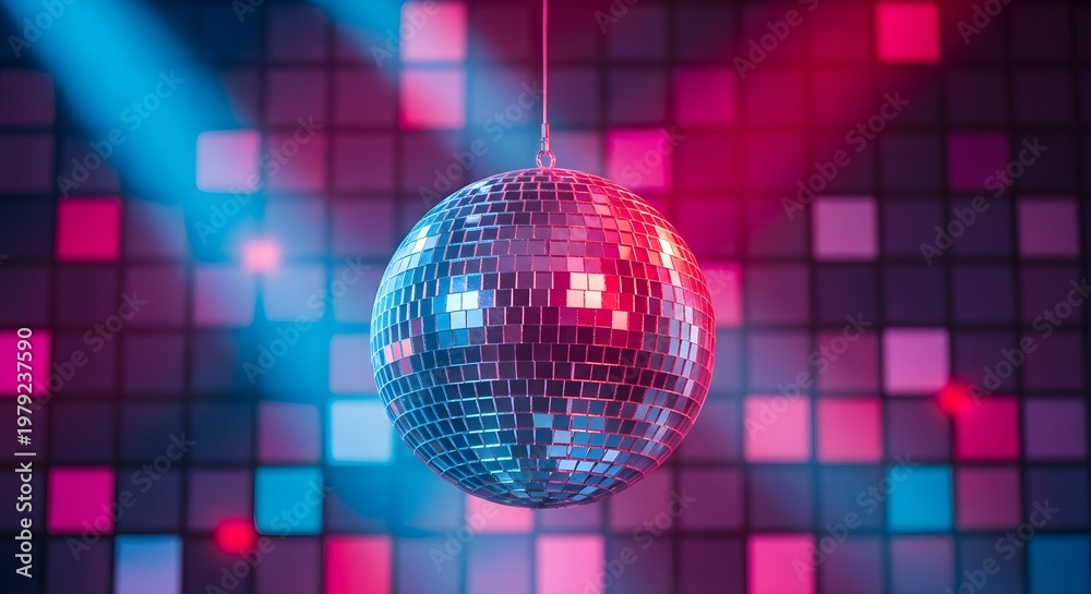 Obraz premium Shiny reflective disco ball hanging in the center of a dark room with vibrant pink and blue neon lights creating a festive party atmosphere for a fun evening celebration
