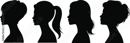 Set of female head profile silhouettes with different hairstyles, woman side view collection, beauty and fashion concept isolated on white background for design use