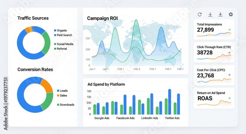 A vector graphic illustration of a digital marketing dashboard with various charts and graphs