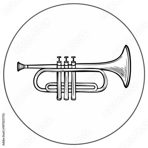 Illustration of a black and white trumpet in a white circle.