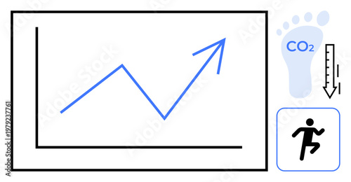 Climate action, sustainability, fitness tracking, carbon emissions, environmental awareness, growth charts. Rising graph, CO2 footprint and running icon. Climate action and sustainability theme
