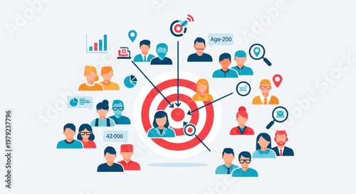 A vector graphic illustration of a target audience with various demographic icons and symbols surrounding a central bullseye