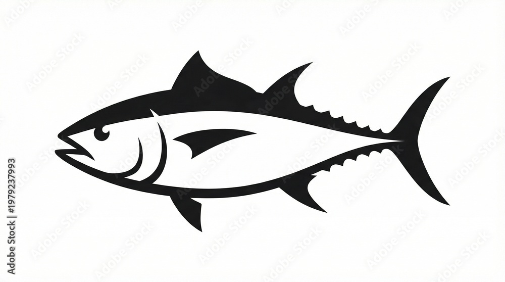 Fototapeta premium Stylized fish silhouette resembling tuna, symbolizing marine life, ocean ecology, fishing industry, sustainability, streamlined aquatic design.