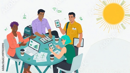 Team multiculturale che lavora su progetti ecosostenibili all'aperto.