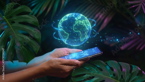 Globo terrestre olografico proiettato da smartphone in una giungla tropicale