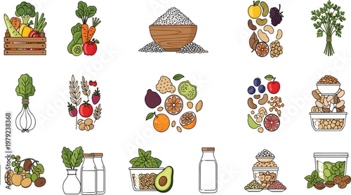 Healthy Organic Food Icons Set with Fruits Vegetables Grains Dairy and Superfoods for Balanced Nutrition Diet and Clean Eating Lifestyle Illustration.
