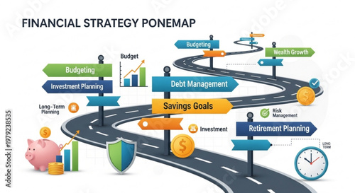 A colorful vector graphic illustrating a financial strategy roadmap with a winding road and various signs pointing to different financial goals and planning concepts.