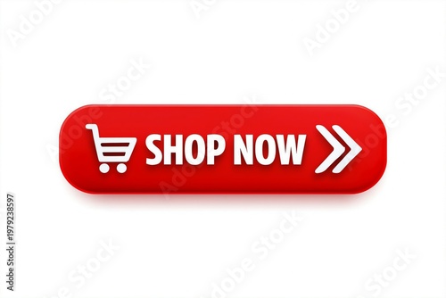 Red shopping now button with shopping cart icon and arrow for online purchases.