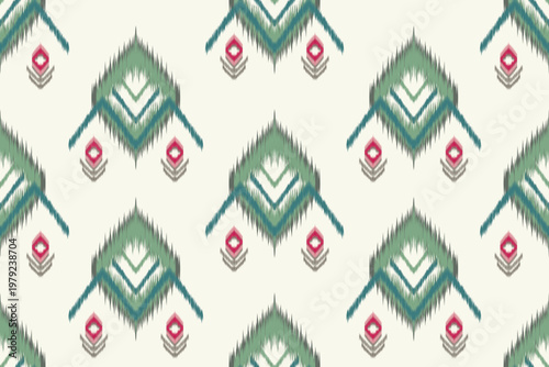 Seamless Ikat Geometric Pattern, Modern Ethic Ornament in Turquoise and Pink