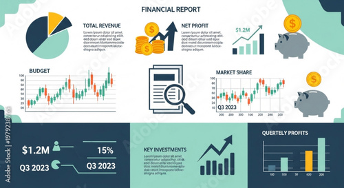 A financial report infographic with various graphs and charts illustrating revenue, profit, and market share