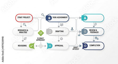 A vector graphic illustrating a project management workflow process with various stages and steps