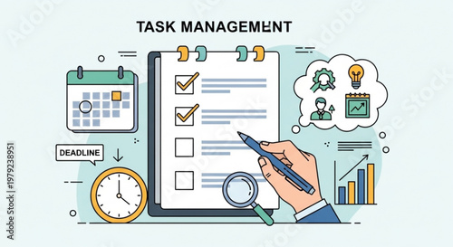 A vector graphic illustration of task management with a hand holding a pen and a checklist on a clipboard surrounded by calendar clock and thought bubble icons
