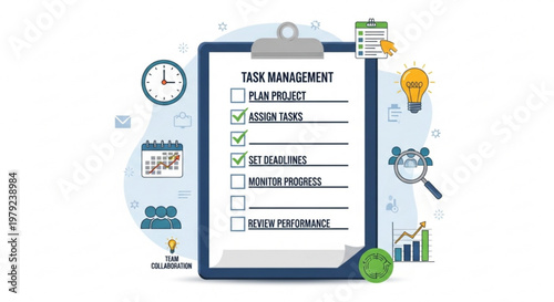 A vector graphic illustration of a clipboard with task management checklist and productivity icons
