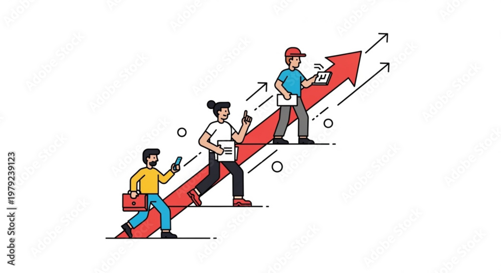 Fototapeta premium A vector graphic illustration of three people climbing up a large red arrow, symbolizing growth and progress in business and career development.