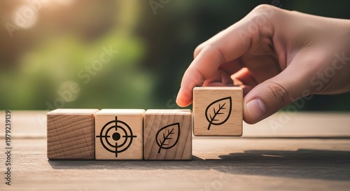Strategic Sustainable Growth Concept with Green Eco Targets and Wooden Blocks
