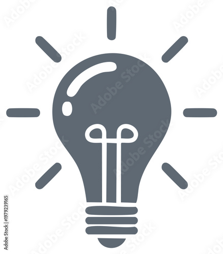 Grey lightbulb icon glowing with rays symbolizing idea innovation solution inspiration