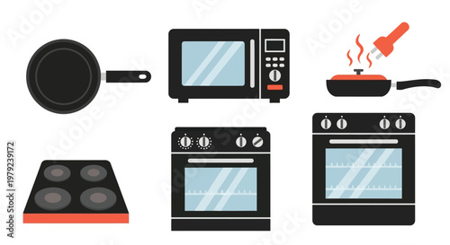 Kitchen appliances including microwave stove oven and cookware icons