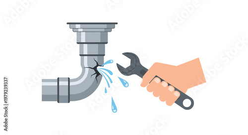 A human hand holding a wrench approaches a metal pipe with a visible crack spraying water in a professional plumbing repair illustration on a white backdrop.