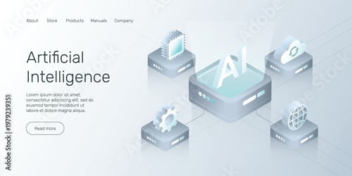 Isometric Web Banner with Artificial Intelligence Icons, Big data analytics. Neural networks. Deep Learning. Machine learning, Neural network, AI landing page concept.