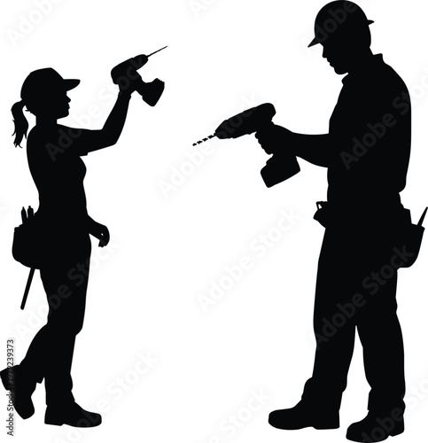 Silhouette of male and female construction workers holding electric drills wearing hard hats and tool belts vector illustration