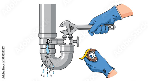 A pair of hands wearing blue gloves uses a wrench and adhesive tape to repair a leaking pipe joint in a detailed technical plumbing illustration on white.