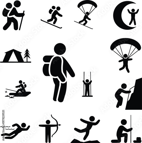 Outdoor adventure and extreme sports icons set featuring hiking skiing climbing camping skydiving and water activities black pictograms vector