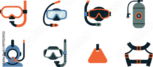 Scuba diving and snorkeling equipment icons set featuring masks snorkels oxygen tank and diving vest vector illustration collection