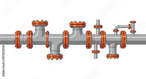 A section of industrial piping featuring orange flanges and various connection points is displayed in a technical illustration on a clean white background.