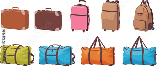 Set of travel luggage icons featuring vintage suitcases modern trolley bags colorful duffel bags and a brown backpack vector