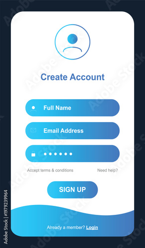 A mobile app screen displaying a simple sign up form with a blue and white color scheme