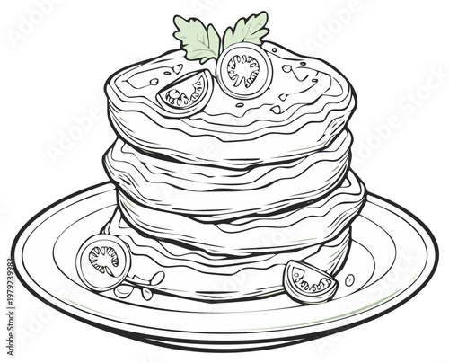 Stylized Line Art Illustration of Stacked Pancakes with Tomato Slices and Parsley Garnish