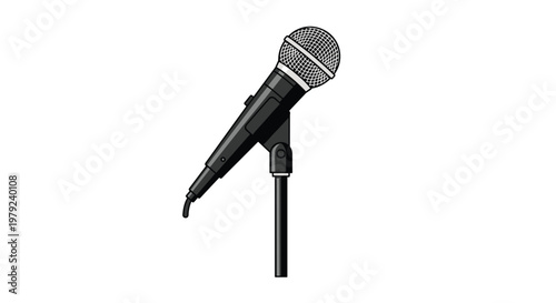 Single professional black microphone securely mounted on a sturdy stand, angled perfectly for vocal recording against a crisp and clean white background.