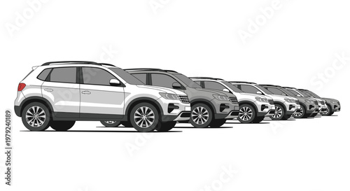 A long row of identical white SUV vehicles parked in a receding perspective line against a plain white background with soft shadows beneath the tires.