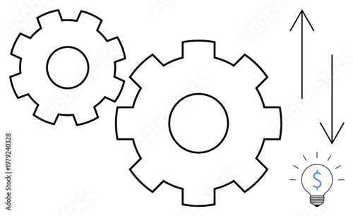Innovation, efficiency, engineering, business strategy, process optimization, idea generation. Two gears with arrows and a light bulb symbol with a dollar sign. Innovation and efficiency conceptual