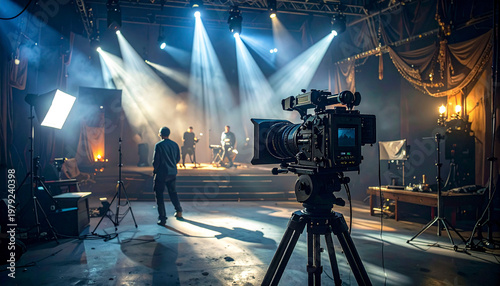 Professional cinema camera on a studio set, surrounded by lights and crew, capturing a high-quality film production scene.