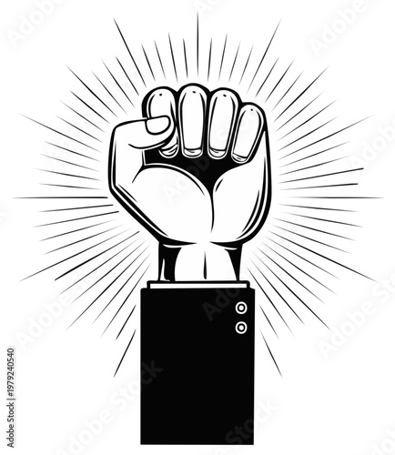 Raised clenched fist with radiating lines illustration.