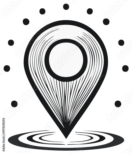Stylized Map Pin Icon with Radial Burst and Circular Base Element