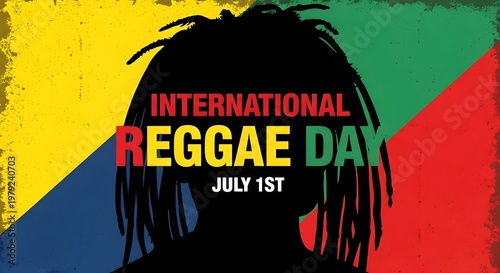 International reggae day july 1st poster with silhouette of a person with dreadlocks on a textured background with jamaican flag colors