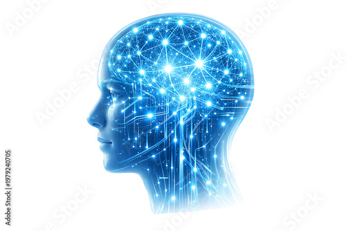 Digital brain and machine learning visualization with luminous nodes and data lines inside human head silhouette, representing deep learning, cognition, and innovation technology