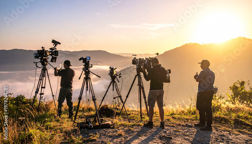 Outdoor film set with crew, cameras, and lighting equipment, framing a beautiful landscape for cinematic production.